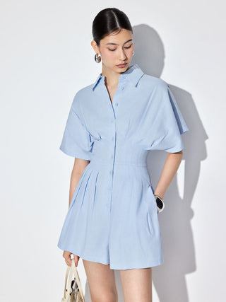 Cotton-blend Mid Rise Batwing Sleeve Ruched Romper
