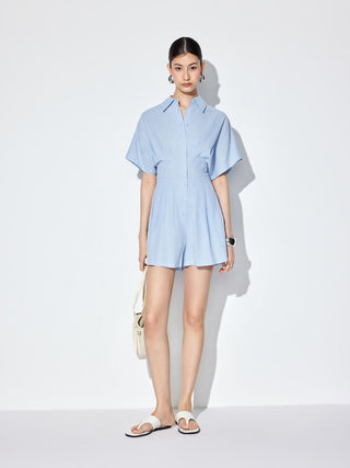 Cotton-blend Mid Rise Batwing Sleeve Ruched Romper