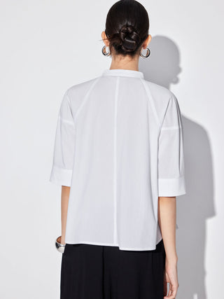 Cotton-blend Lantern Sleeve Round Neckline Blouse