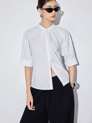 Cotton-blend Lantern Sleeve Round Neckline Blouse