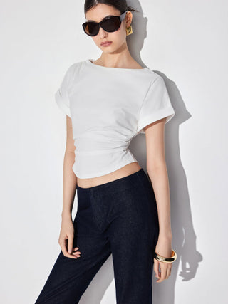 Cotton-blend Boat Neck Ruched Short Sleeve Tee