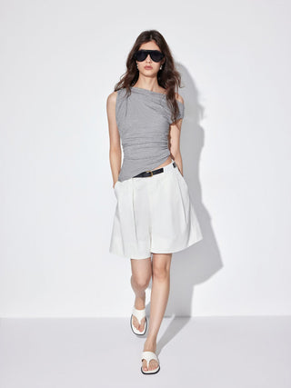 Cotton-blend Mid Rise Pleated Shorts With Belt
