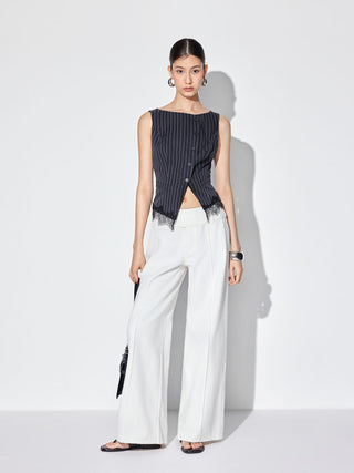 Striped Boat Neck Lace Trim Blazer Vest