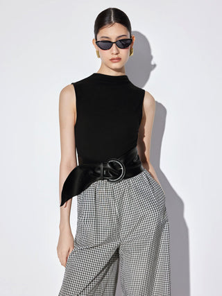 Cotton-blend Gingham High Neck Colorblock Mid Rise Wide Leg Jumpsuit With Belt
