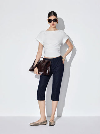 Cotton-blend Boat Neck Ruched Short Sleeve Tee