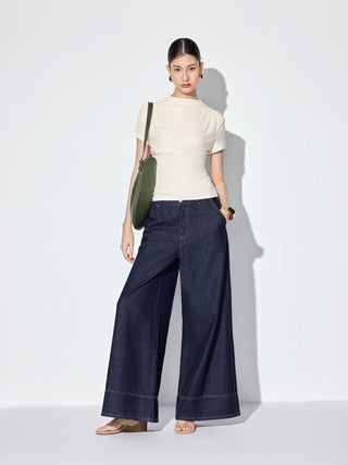 Stand Collar Drawstring Ruched Short Sleeve Top