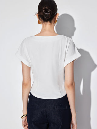 Cotton-blend Boat Neck Ruched Short Sleeve Tee