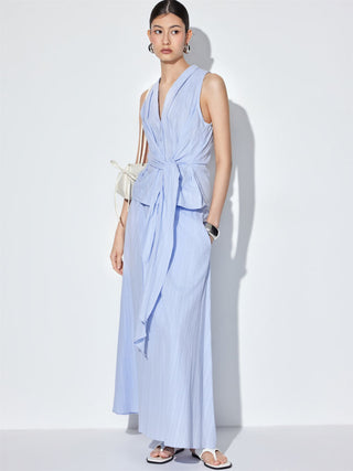 Textured Cotton-blend V-neck Tie Front Top & Mid Rise Maxi Skirt Set