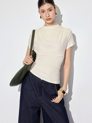 Stand Collar Drawstring Ruched Short Sleeve Top