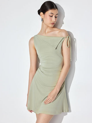 Asymmetrical Neck Ruched Bowknot A-line Mini Dress