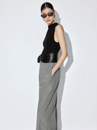 Cotton-blend Gingham High Neck Colorblock Mid Rise Wide Leg Jumpsuit With Belt