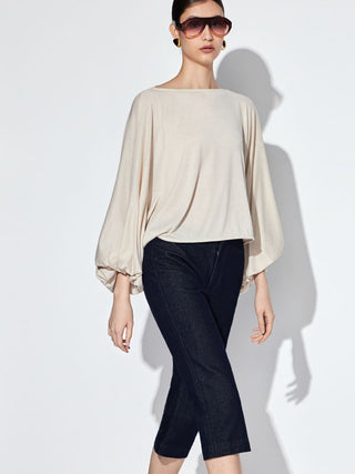 Boat Neck Lantern Sleeve Oversized Crop Top