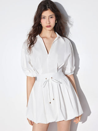Cotton-blend Puff Sleeve Drawstring Bubble Hem Shirt Mini Dress