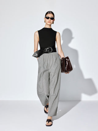 Cotton-blend Gingham High Neck Colorblock Mid Rise Wide Leg Jumpsuit With Belt