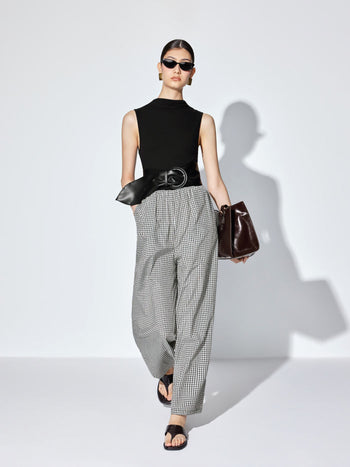 Cotton-blend Gingham High Neck Colorblock Mid Rise Wide Leg Jumpsuit With Belt