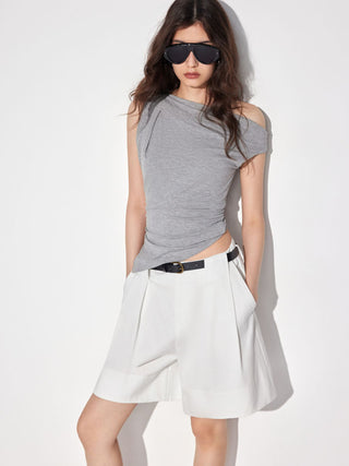 Cotton-blend Mid Rise Pleated Shorts With Belt
