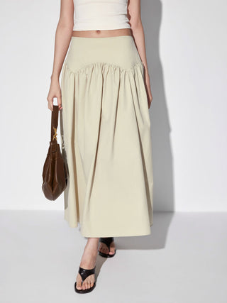 Low Rise Ruched Flared Maxi Skirt