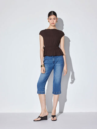 Textured Boat Neck Ruffled Peplum Hem Tie Side Top