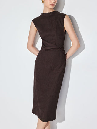 Textured High Neck Twist Knotted Straight Maxi Dress