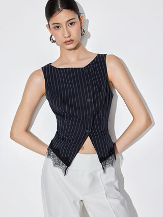 Striped Boat Neck Lace Trim Blazer Vest
