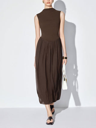 Textured High Neck Draped Straight Maxi Dress