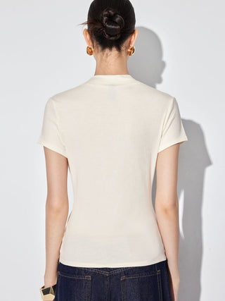Stand Collar Drawstring Ruched Short Sleeve Top