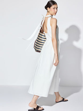 Cotton High Neck Backless Bowknot A-line Maxi Dress