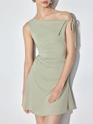 Asymmetrical Neck Ruched Bowknot A-line Mini Dress