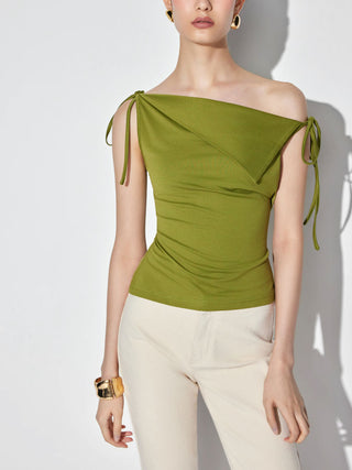Asymmetrical Neck Draped Knotted Tank Top