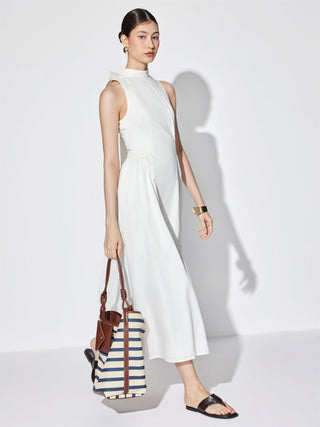 Cotton High Neck Backless Bowknot A-line Maxi Dress