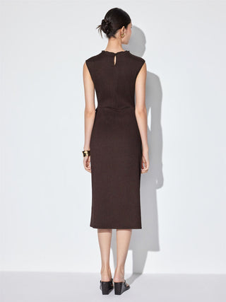 Textured High Neck Twist Knotted Straight Maxi Dress