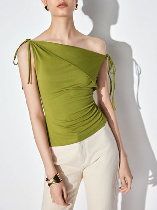 Asymmetrical Neck Draped Knotted Tank Top