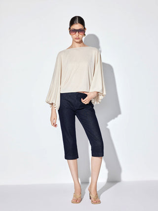 Boat Neck Lantern Sleeve Oversized Crop Top