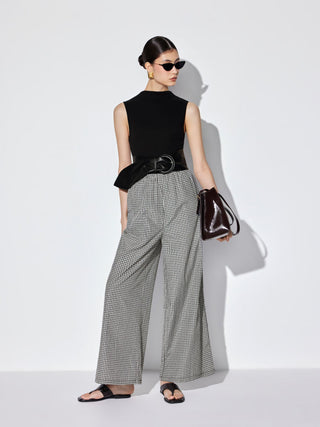 Cotton-blend Gingham High Neck Colorblock Mid Rise Wide Leg Jumpsuit With Belt
