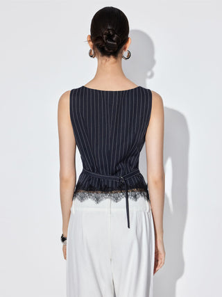 Striped Boat Neck Lace Trim Blazer Vest