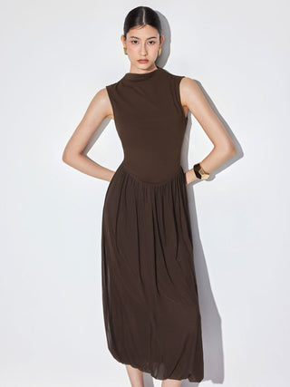 Textured High Neck Draped Straight Maxi Dress