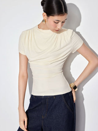 Stand Collar Drawstring Ruched Short Sleeve Top