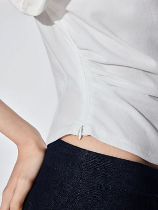 Cotton-blend Boat Neck Ruched Short Sleeve Tee