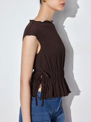 Textured Boat Neck Ruffled Peplum Hem Tie Side Top