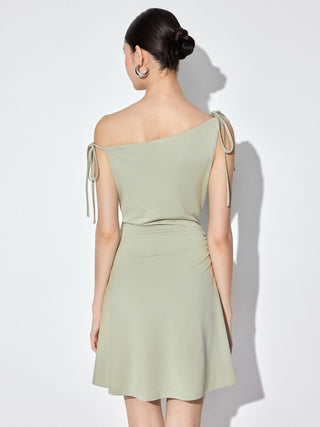 Asymmetrical Neck Ruched Bowknot A-line Mini Dress