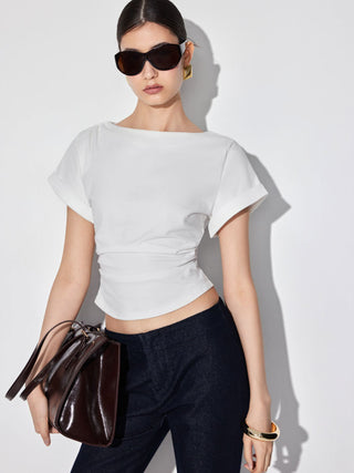 Cotton-blend Boat Neck Ruched Short Sleeve Tee