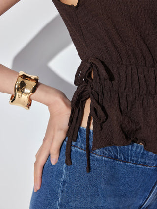 Textured Boat Neck Ruffled Peplum Hem Tie Side Top