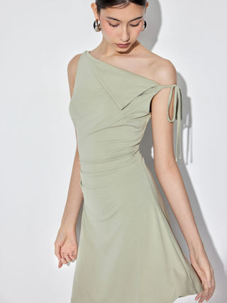 Asymmetrical Neck Ruched Bowknot A-line Mini Dress