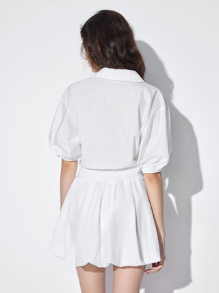Cotton-blend Puff Sleeve Drawstring Bubble Hem Shirt Mini Dress