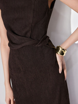 Textured High Neck Twist Knotted Straight Maxi Dress