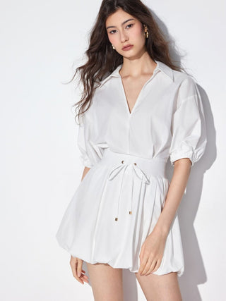 Cotton-blend Puff Sleeve Drawstring Bubble Hem Shirt Mini Dress