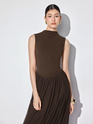 Textured High Neck Draped Straight Maxi Dress