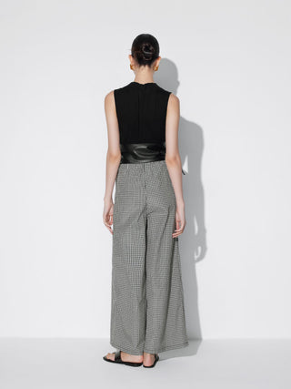 Cotton-blend Gingham High Neck Colorblock Mid Rise Wide Leg Jumpsuit With Belt