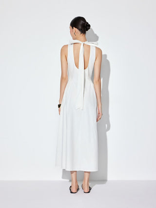Cotton High Neck Backless Bowknot A-line Maxi Dress