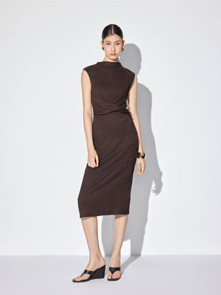 Textured High Neck Twist Knotted Straight Maxi Dress